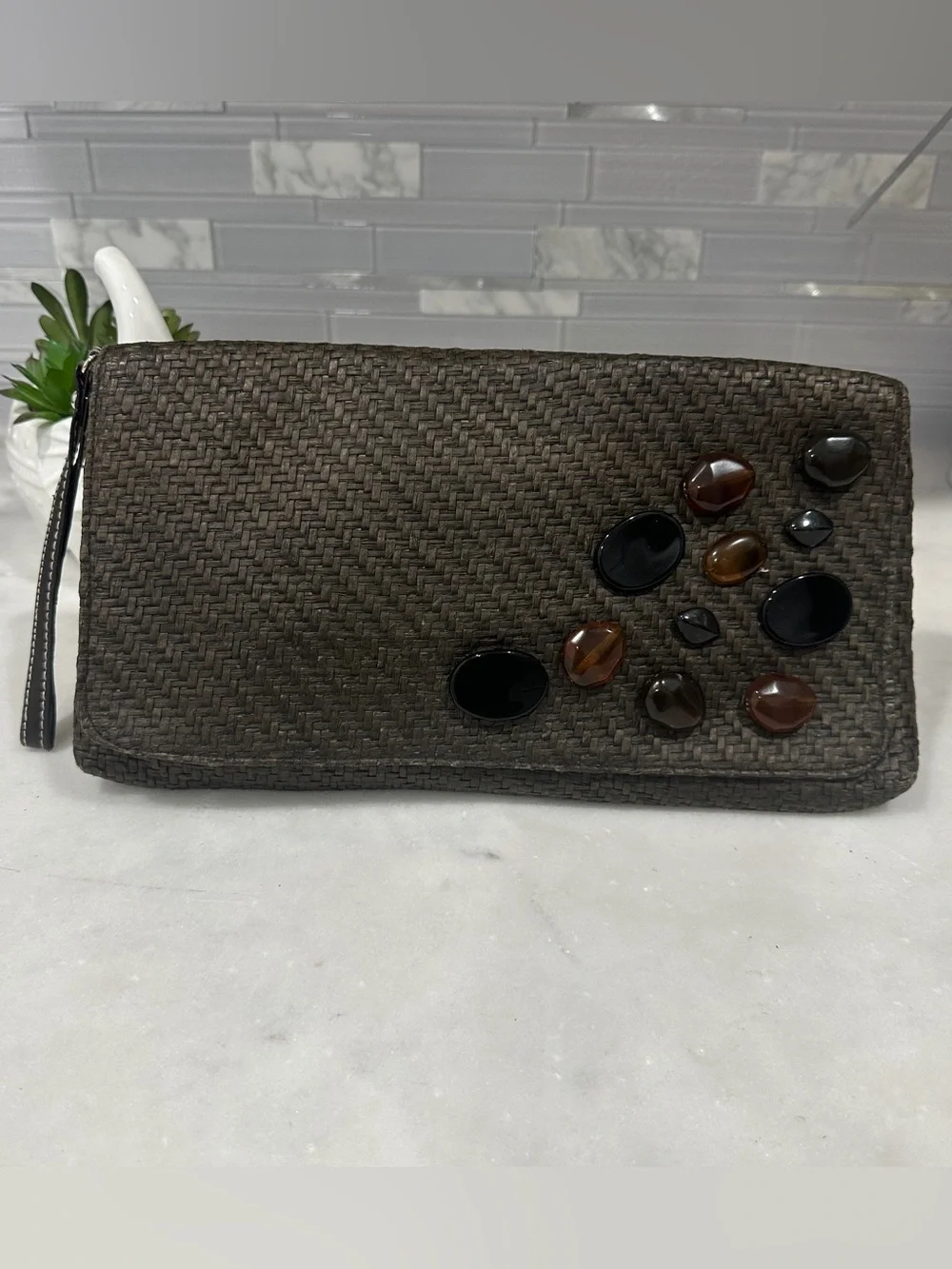 NWOT New York & Company Natural Straw Clutch with Multicolor Bead Accents